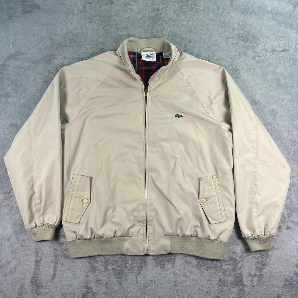 Vintage Izod Lacoste Harrington Jacket Tan Beige Plaid Lined Mens Large Zip Up